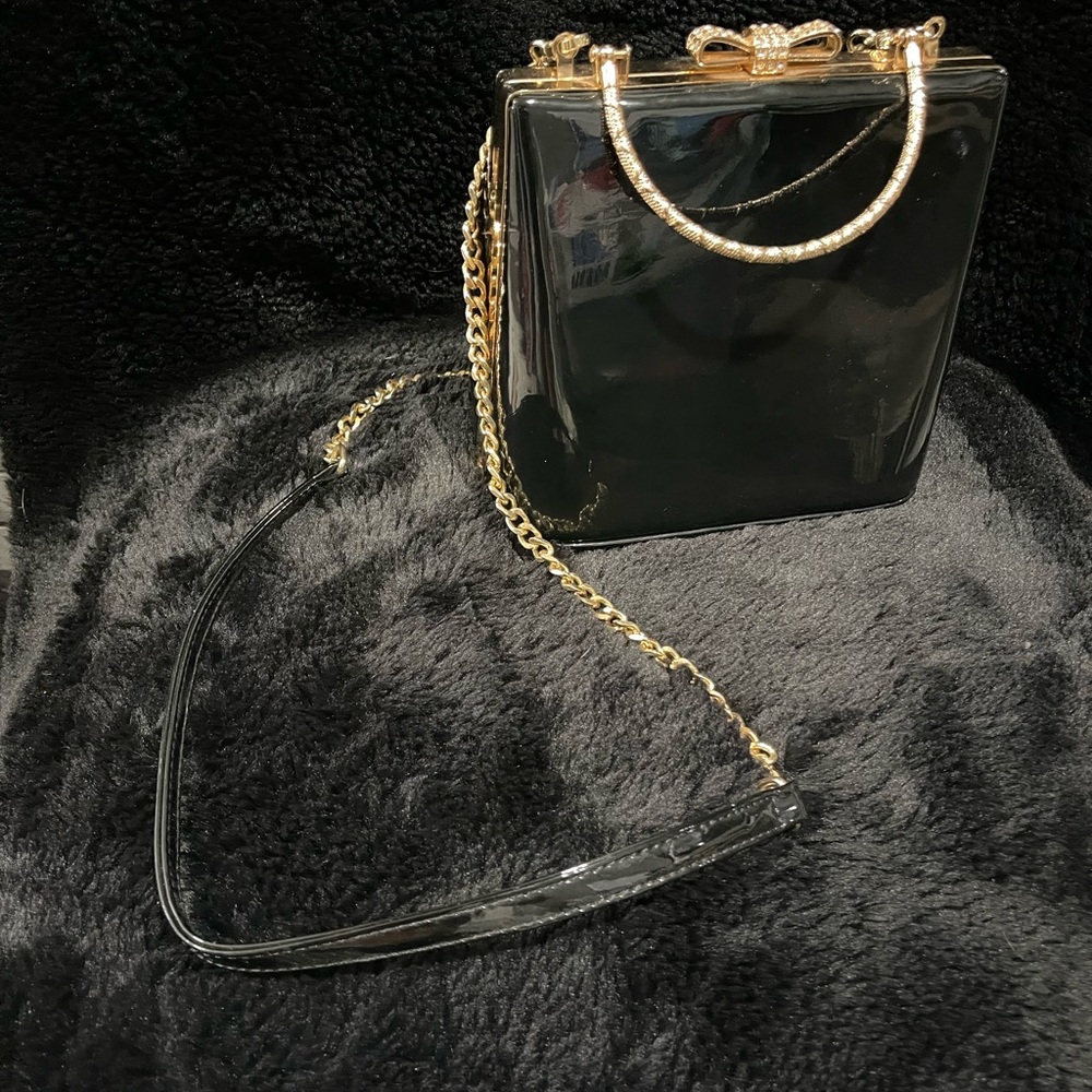 Black Patent Leather Handbag with Gold Chain